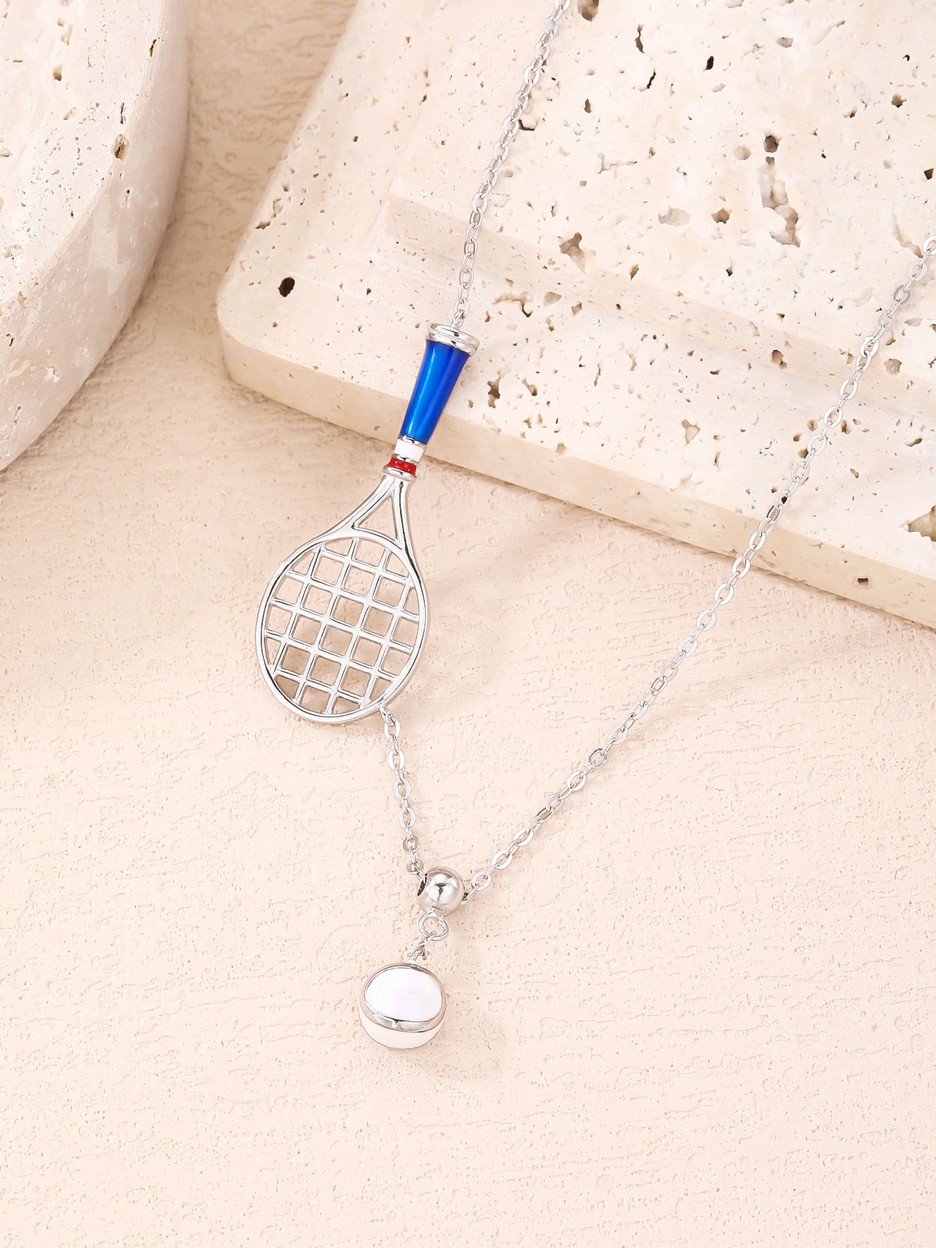 necklace with tennis racket and ball pendant in hallmarked, rhodium-plated 925 sterling silver – dimensions view – DRESCHER Jewellery®