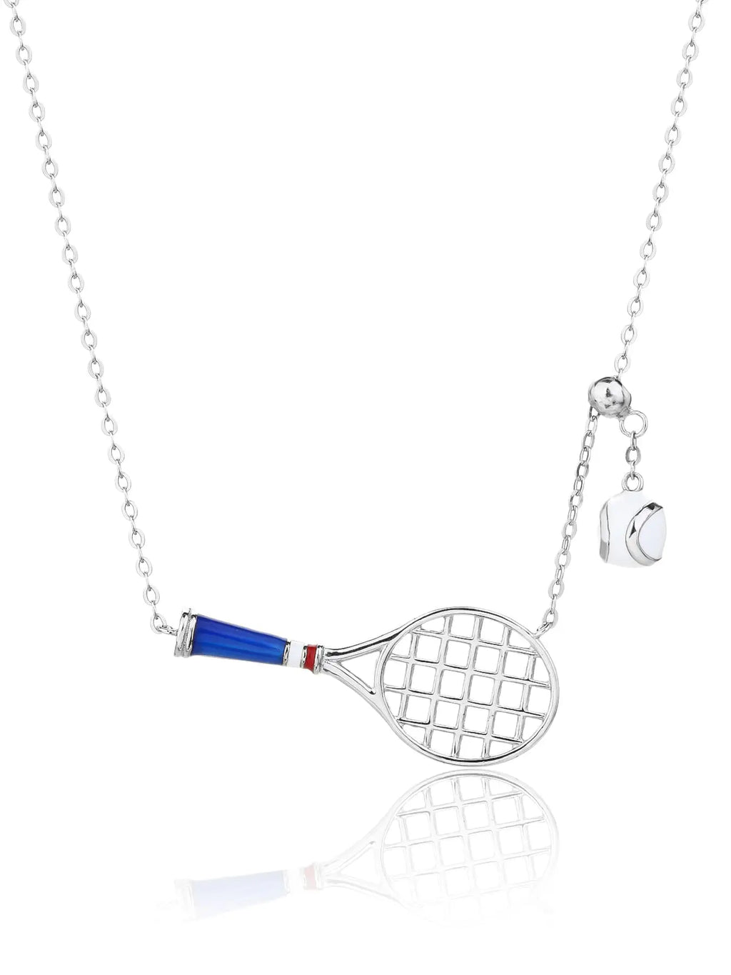 necklace with tennis racket and ball pendant in hallmarked, rhodium-plated 925 sterling silver – front view – DRESCHER Jewellery®
