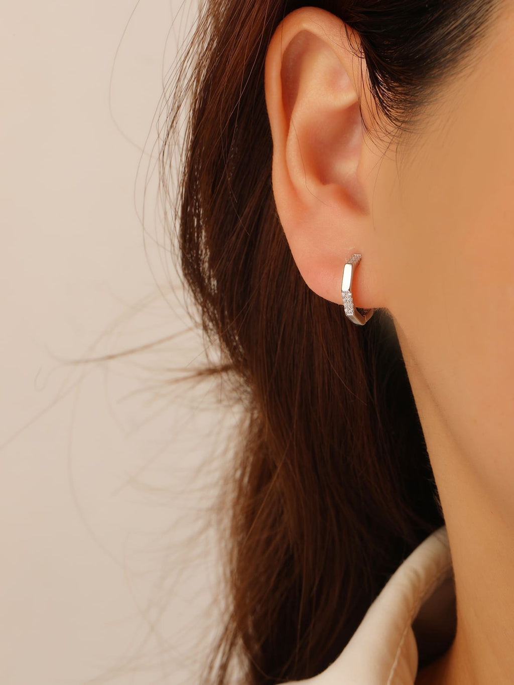 octagonal white stone earrings in hallmarked, rhodium-plated 925 sterling silver – lifestyle view – DRESCHER Jewellery®