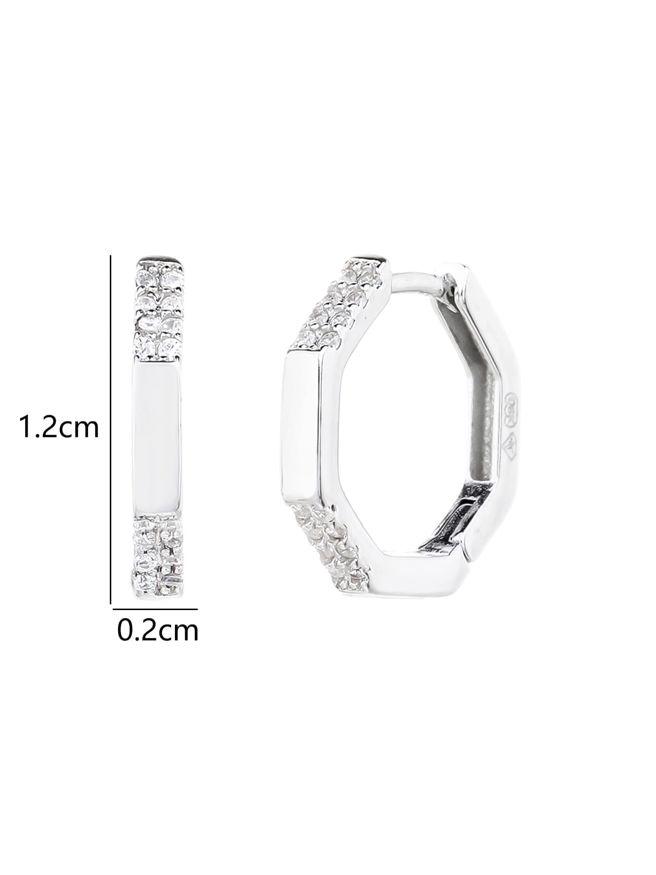 octagonal white stone earrings in hallmarked, rhodium-plated 925 sterling silver – worn view – DRESCHER Jewellery®