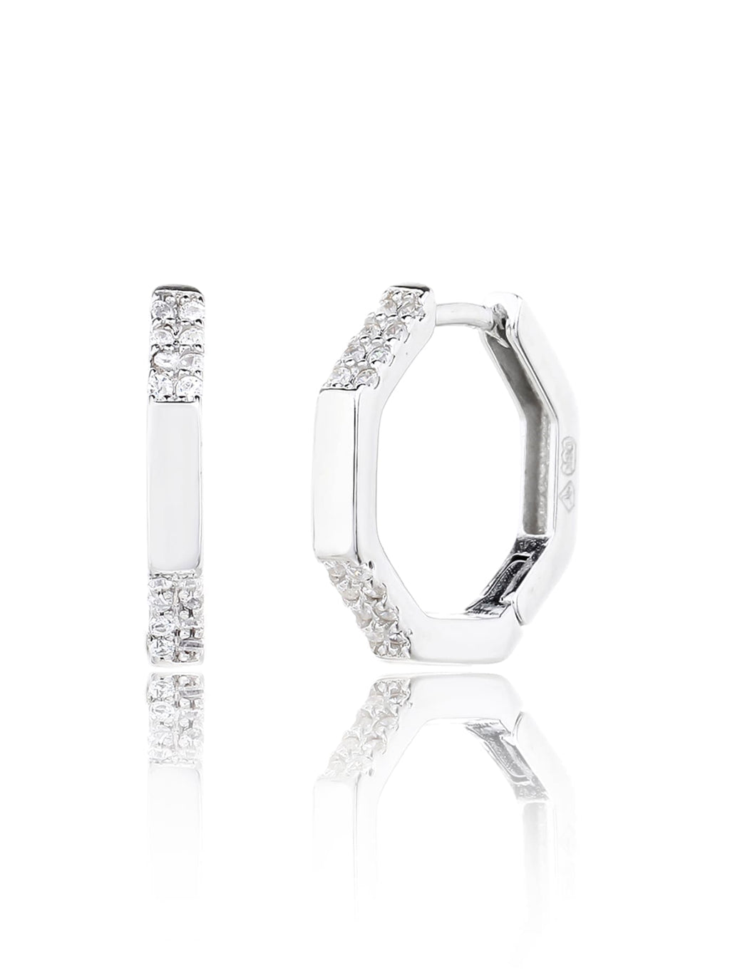 octagonal white stone earrings in hallmarked, rhodium-plated 925 sterling silver – alternate front and side views – DRESCHER Jewellery®
