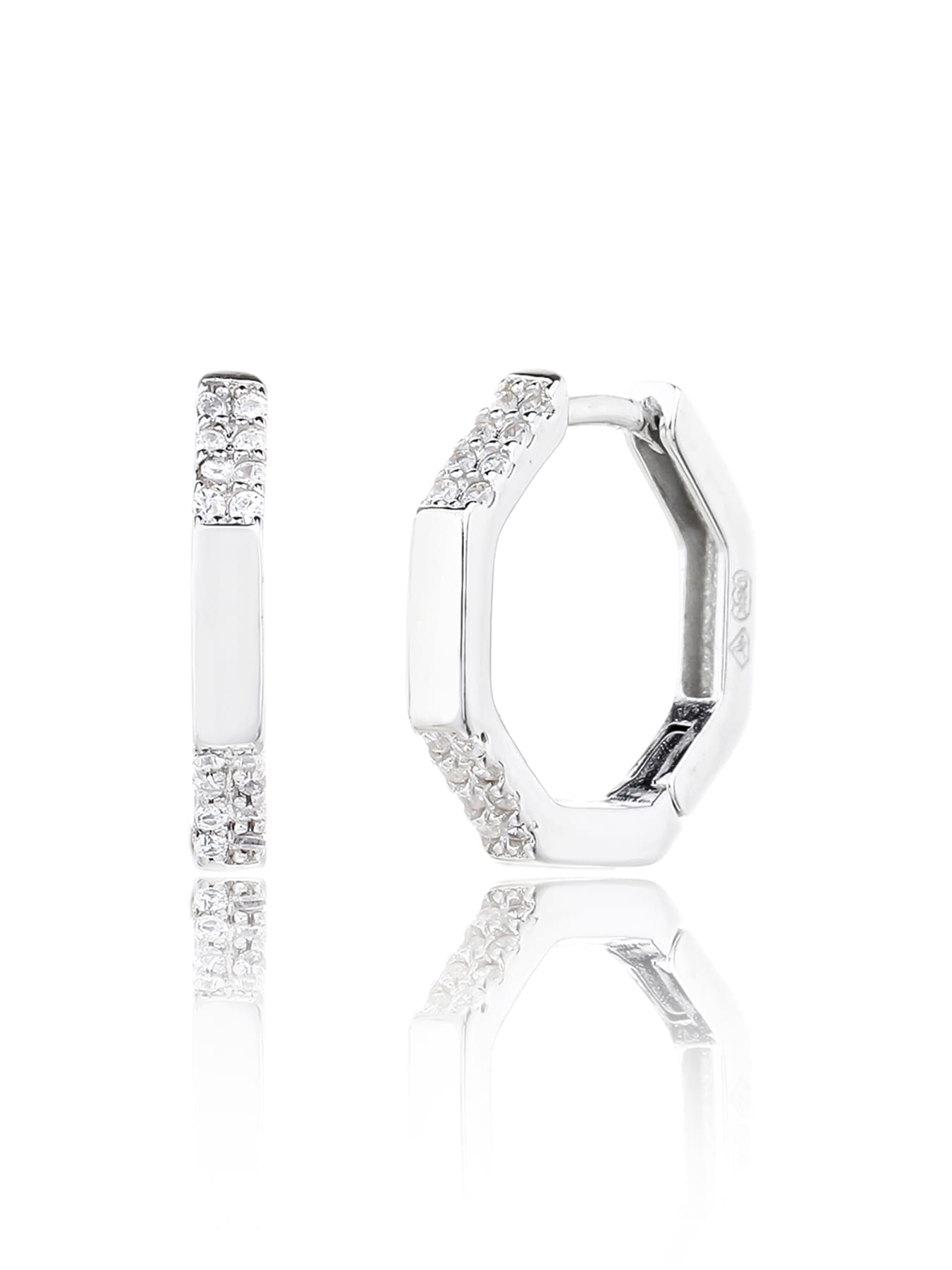 octagonal white stone earrings in hallmarked, rhodium-plated 925 sterling silver – alternate front and side views – DRESCHER Jewellery®