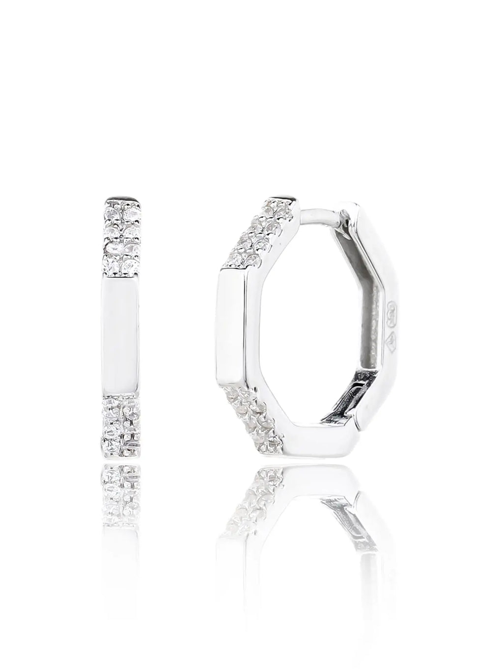 octagonal white stone earrings in hallmarked, rhodium-plated 925 sterling silver – front and side views – DRESCHER Jewellery®