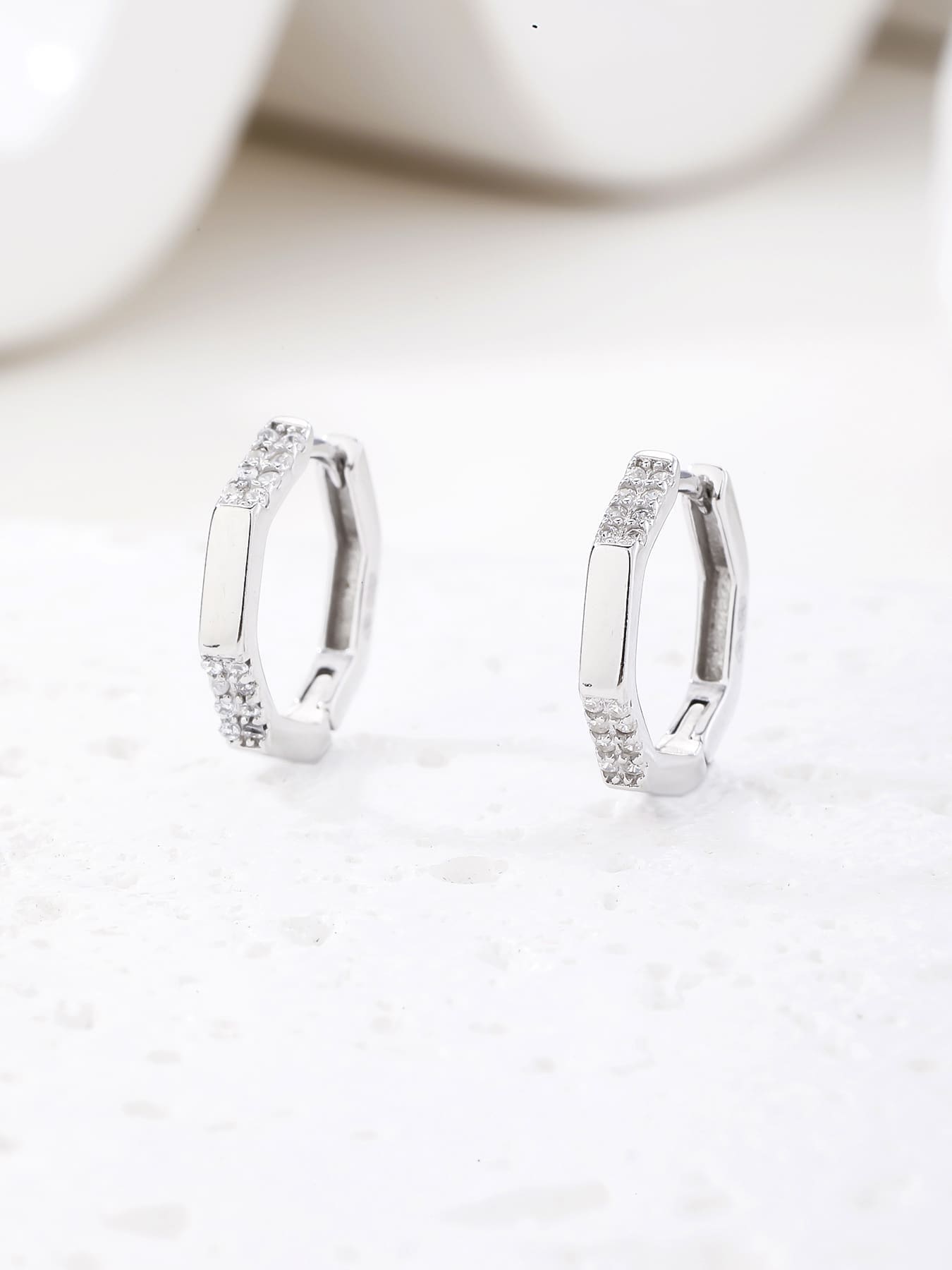 octagonal white stone earrings in hallmarked, rhodium-plated 925 sterling silver – display view – DRESCHER Jewellery®
