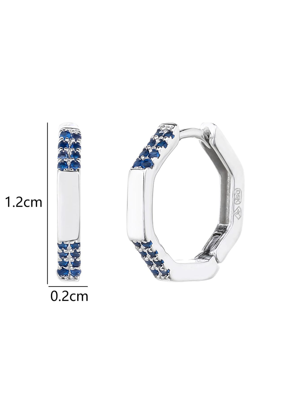 octagonal dark blue stone earrings in hallmarked, rhodium-plated 925 sterling silver – worn view – DRESCHER Jewellery®