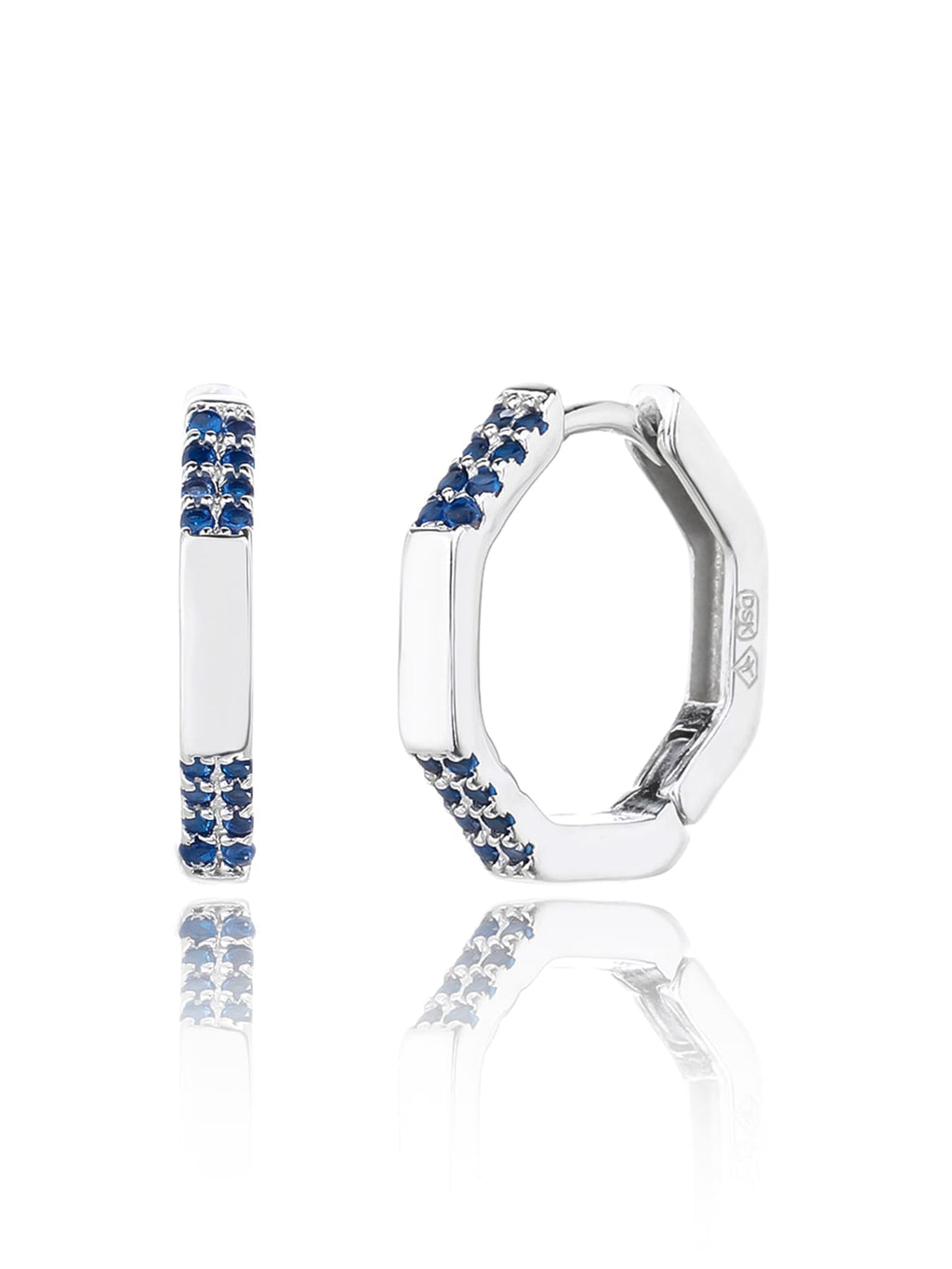 octagonal dark blue stone earrings in hallmarked, rhodium-plated 925 sterling silver – alternate front and side views – DRESCHER Jewellery®