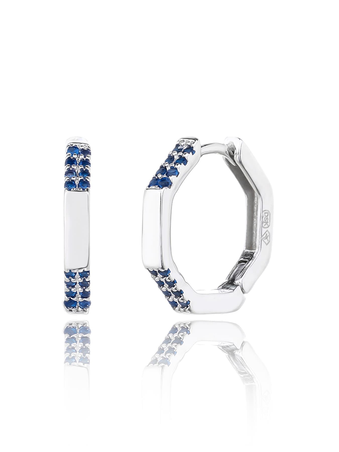 octagonal dark blue stone earrings in hallmarked, rhodium-plated 925 sterling silver – alternate front and side views – DRESCHER Jewellery®