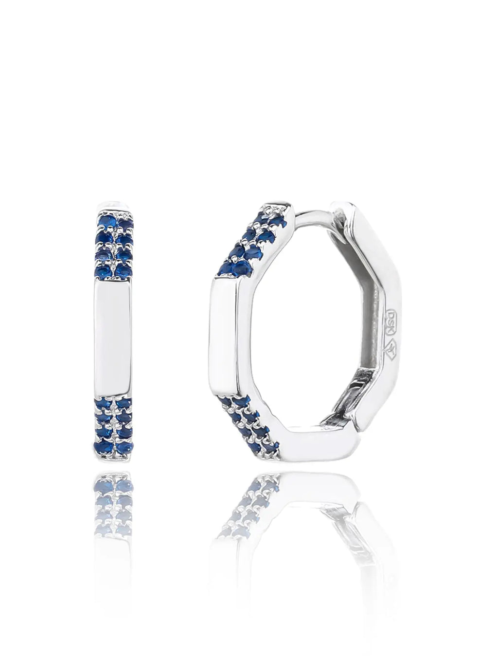 octagonal dark blue stone earrings in hallmarked, rhodium-plated 925 sterling silver – front and side views – DRESCHER Jewellery®