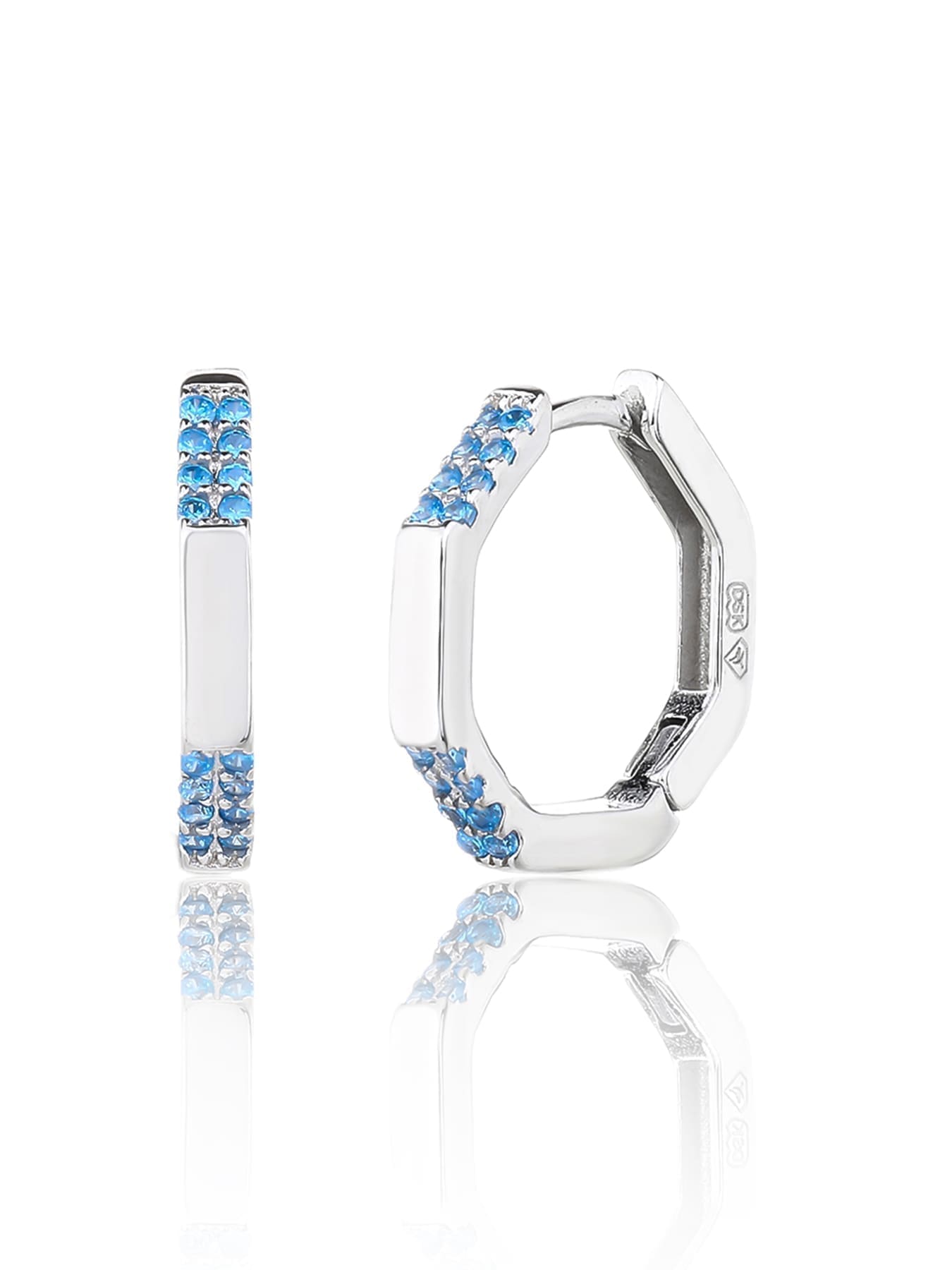 octagonal light blue stone earrings in hallmarked, rhodium-plated 925 sterling silver – alternate front and side views – DRESCHER Jewellery®