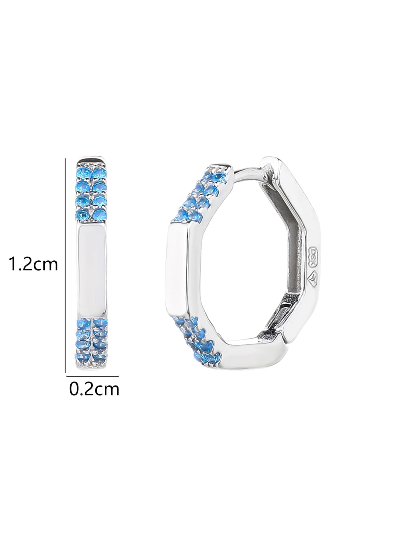 octagonal light blue stone earrings in hallmarked, rhodium-plated 925 sterling silver – dimensions view – DRESCHER Jewellery®