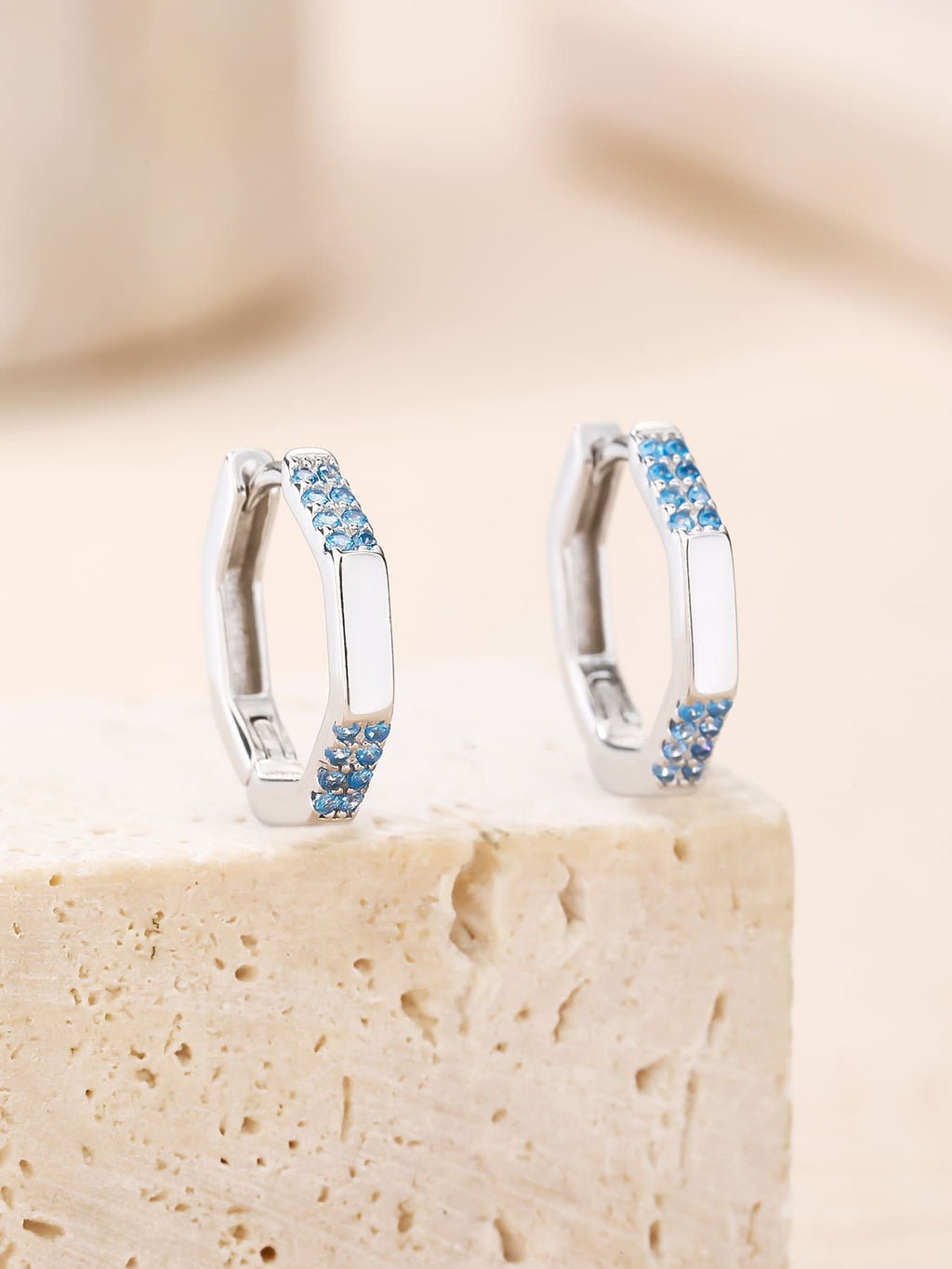 octagonal light blue stone earrings in hallmarked, rhodium-plated 925 sterling silver – display view – DRESCHER Jewellery®