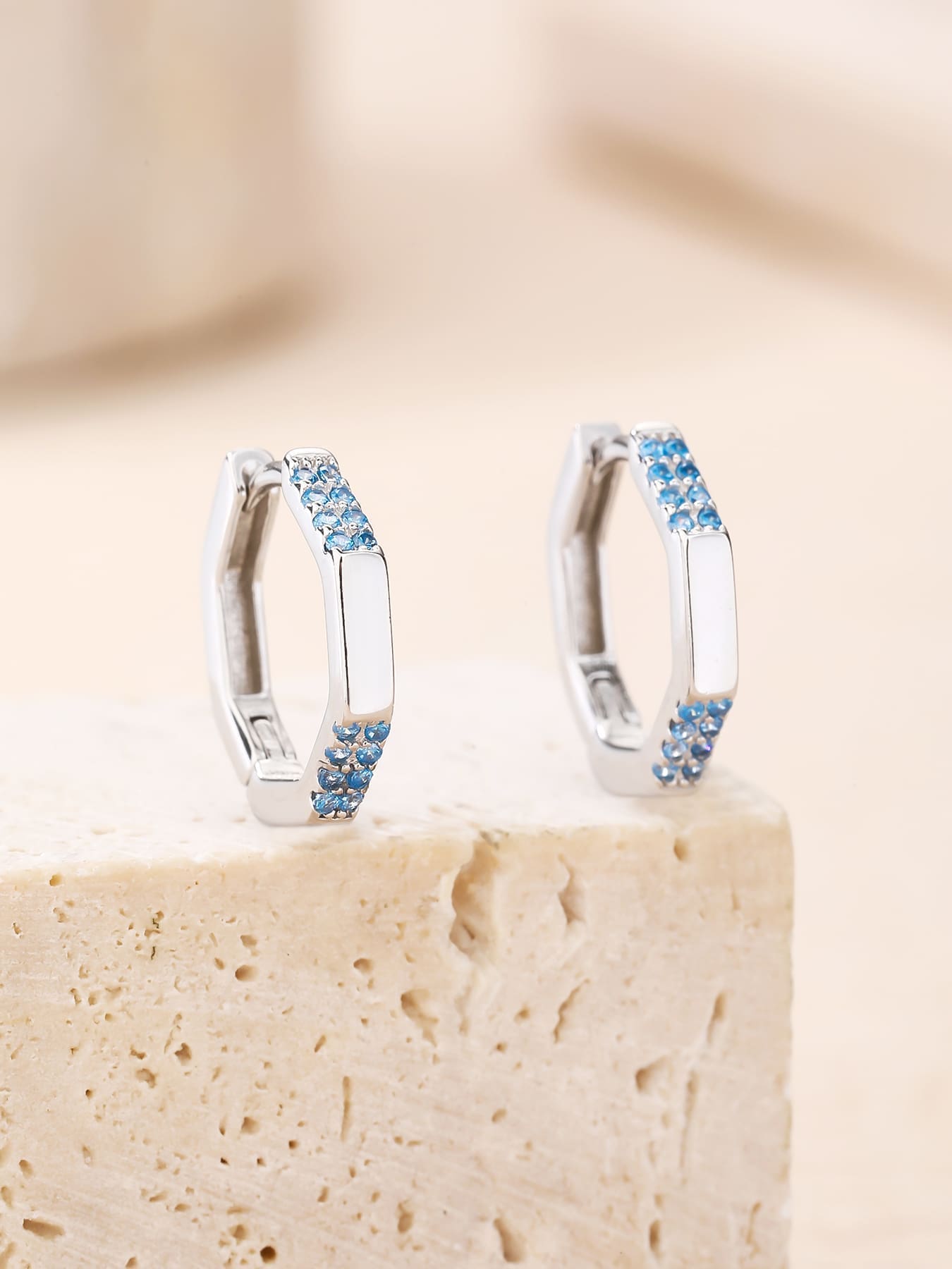 octagonal light blue stone earrings in hallmarked, rhodium-plated 925 sterling silver – display view – DRESCHER Jewellery®