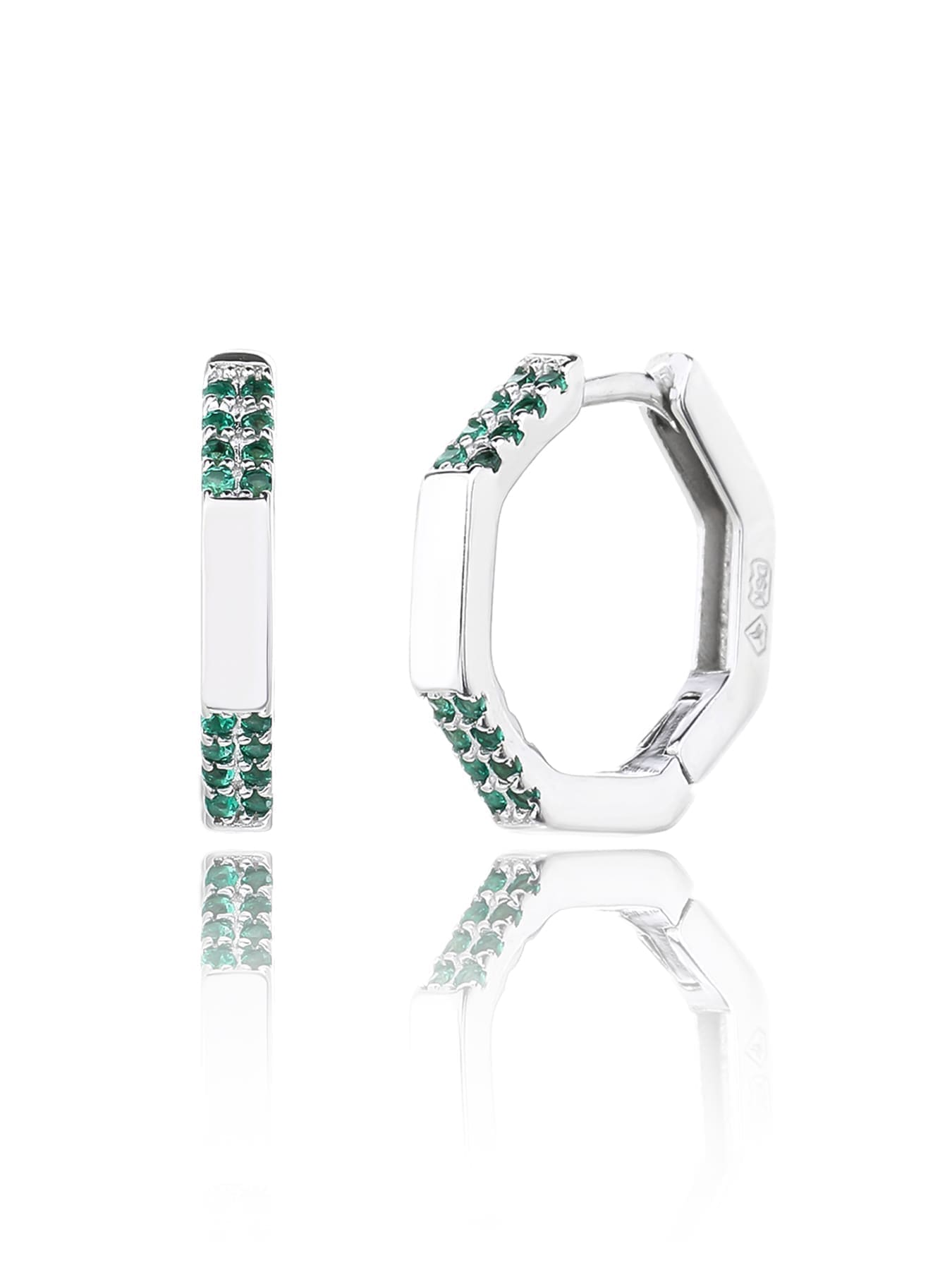 Octagonal green stone hoop earrings in hallmarked, rhodium-plated 925 sterling silver – front and side views – DRESCHER Jewellery®