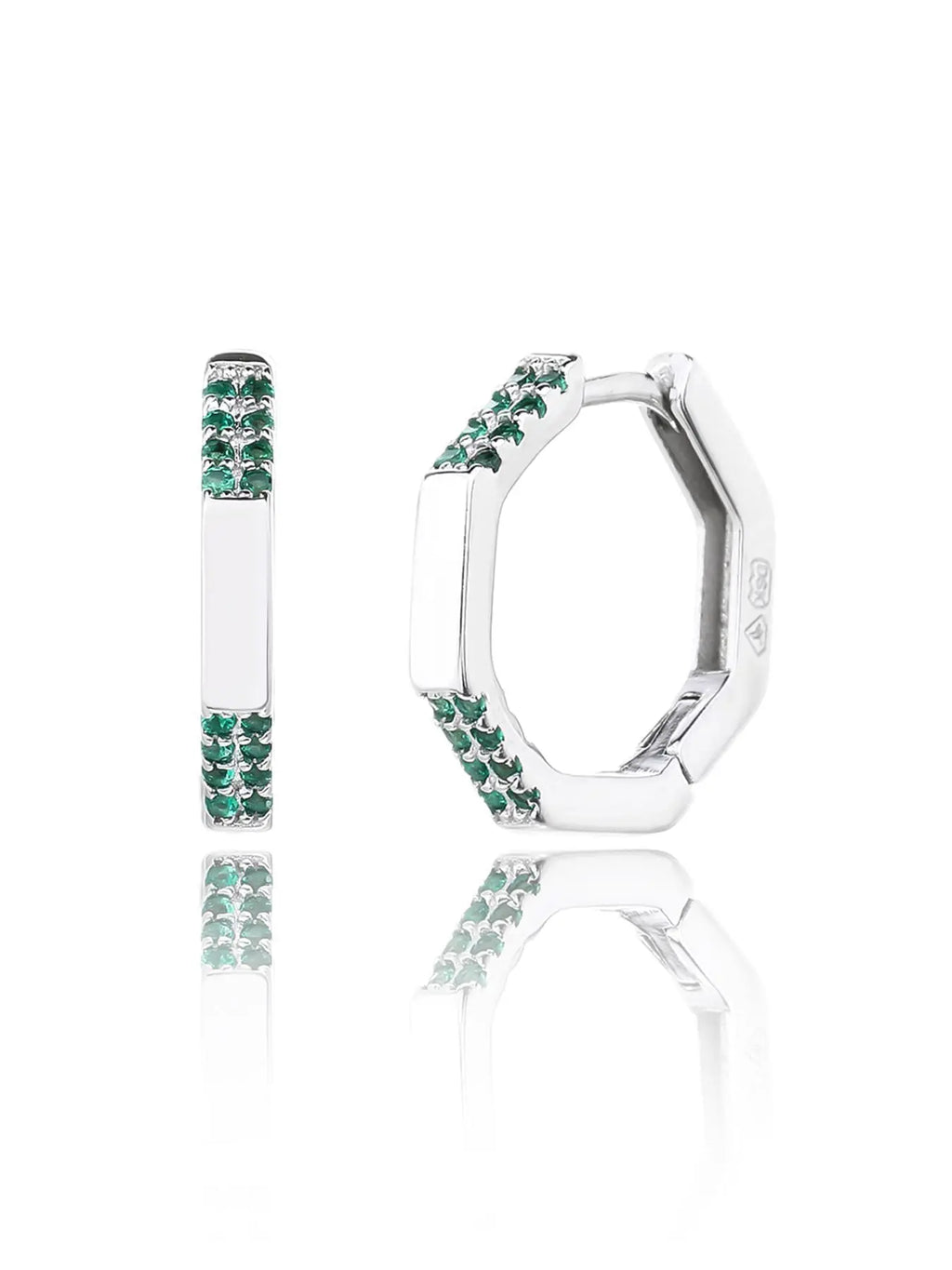 Octagonal green stone hoop earrings in hallmarked, rhodium-plated 925 sterling silver – front and side views – DRESCHER Jewellery®