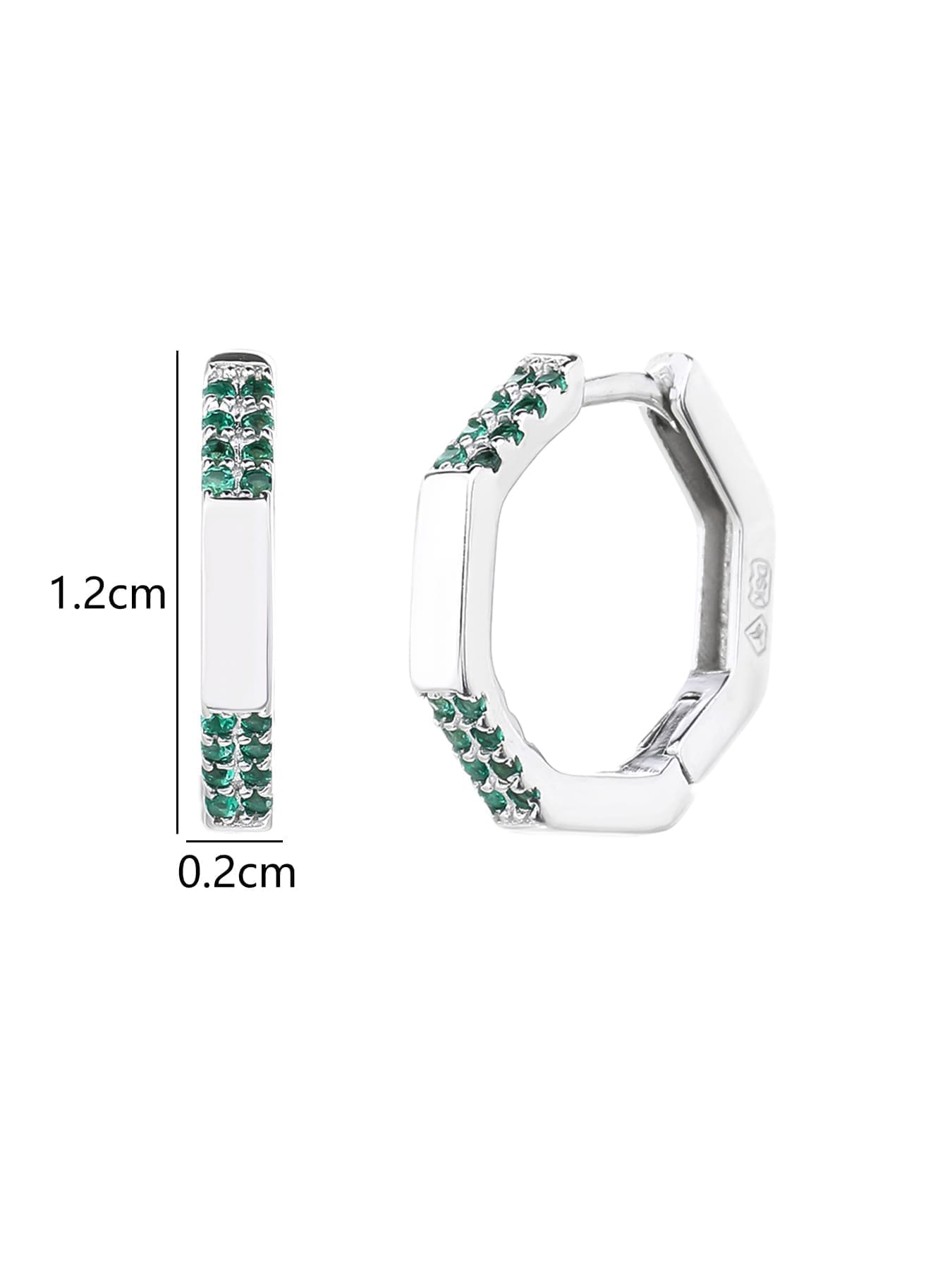Octagonal green stone hoop earrings in hallmarked, rhodium-plated 925 sterling silver – 1.2 × 0.2 cm dimensions – DRESCHER Jewellery®