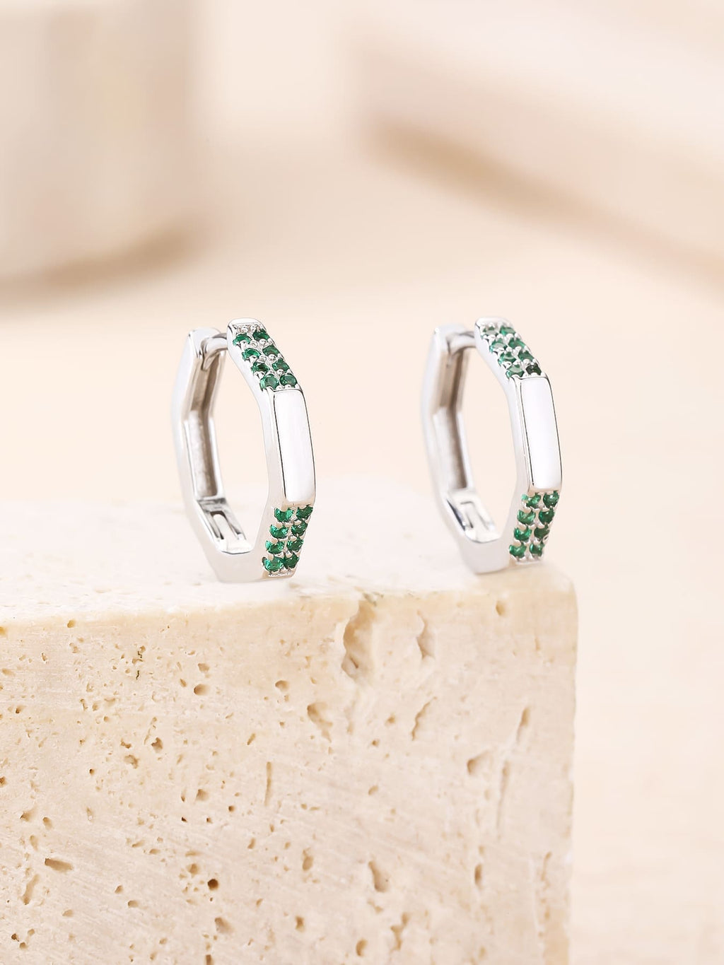 Octagonal green stone hoop earrings in hallmarked, rhodium-plated 925 sterling silver – display view – DRESCHER Jewellery®