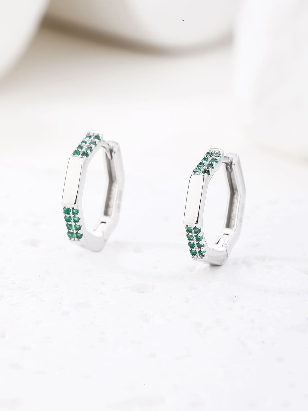 Octagonal green stone hoop earrings in hallmarked, rhodium-plated 925 sterling silver – display view – DRESCHER Jewellery®