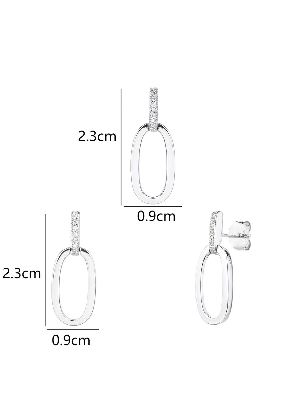 oval jeweled with white cubic zirconia stones in hallmarked, rhodium-plated 925 sterling silver – dimensions view – DRESCHER Jewellery®
