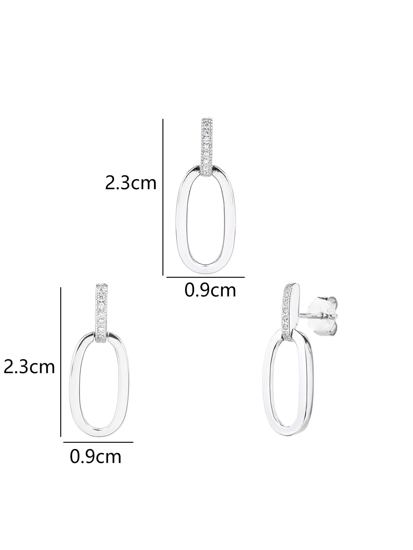 oval jeweled with white cubic zirconia stones in hallmarked, rhodium-plated 925 sterling silver – dimensions view – DRESCHER Jewellery®