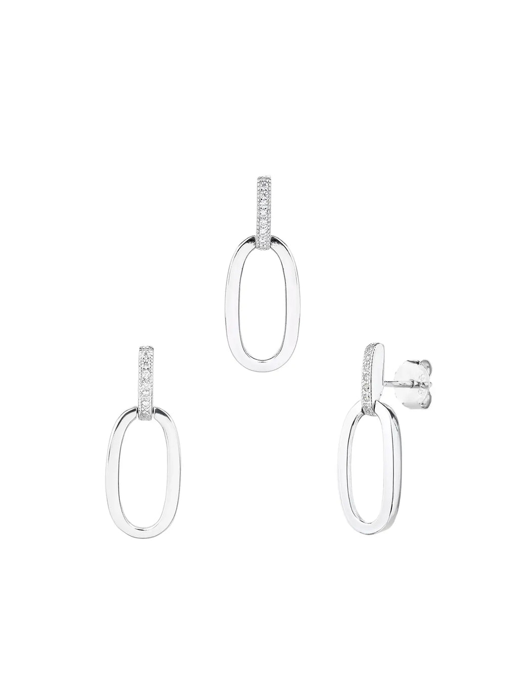 oval jeweled with white cubic zirconia stones in hallmarked, rhodium-plated 925 sterling silver – front set view – DRESCHER Jewellery®