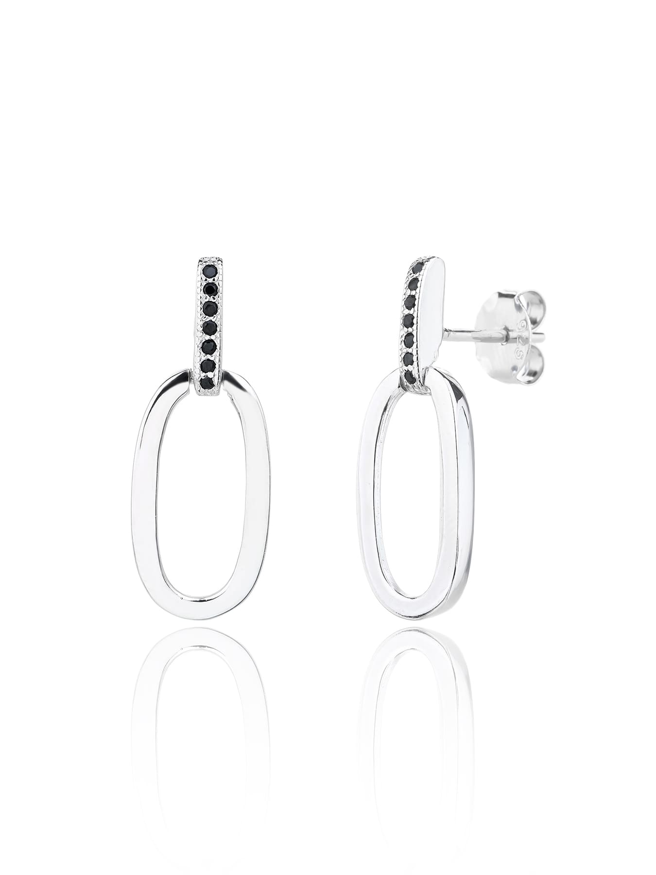 Black zirconia oval dangle earrings in hallmarked, rhodium-plated 925 sterling silver – front and side views – DRESCHER Jewellery®