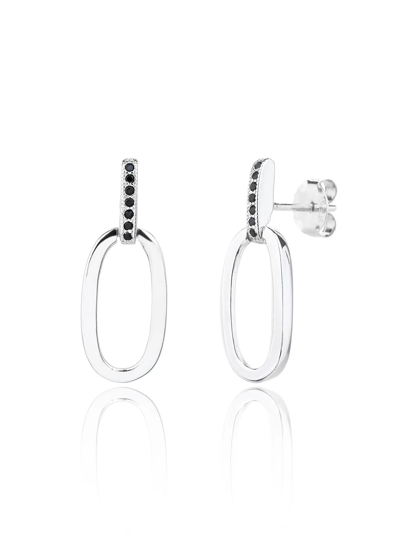 Silver oval dangle earrings with black stones