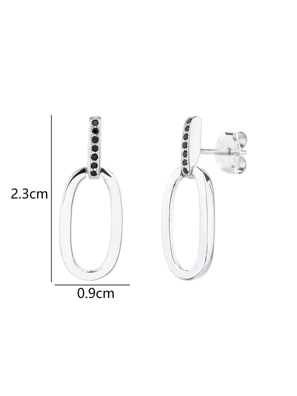 Black zirconia oval dangle earrings in hallmarked, rhodium-plated 925 sterling silver – dimensions – DRESCHER Jewellery®