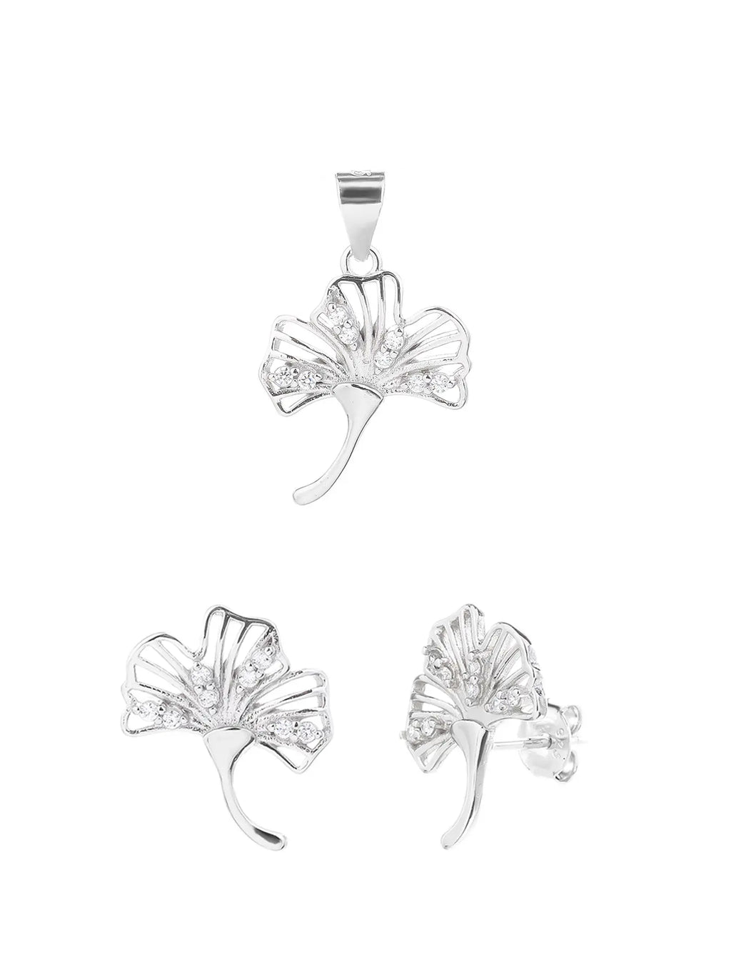 fern leaves with white cubic zirconia in hallmarked, rhodium-plated 925 sterling silver – front set view – DRESCHER Jewellery®