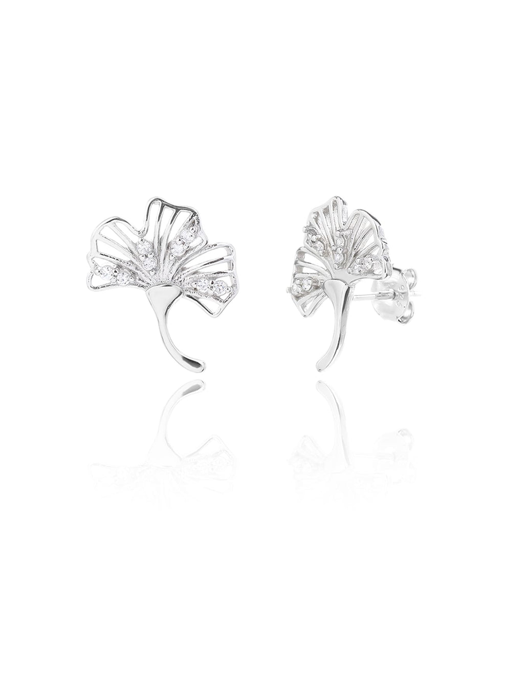 fern leaves with white cubic zirconia in hallmarked, rhodium-plated 925 sterling silver – dimensions view – DRESCHER Jewellery®