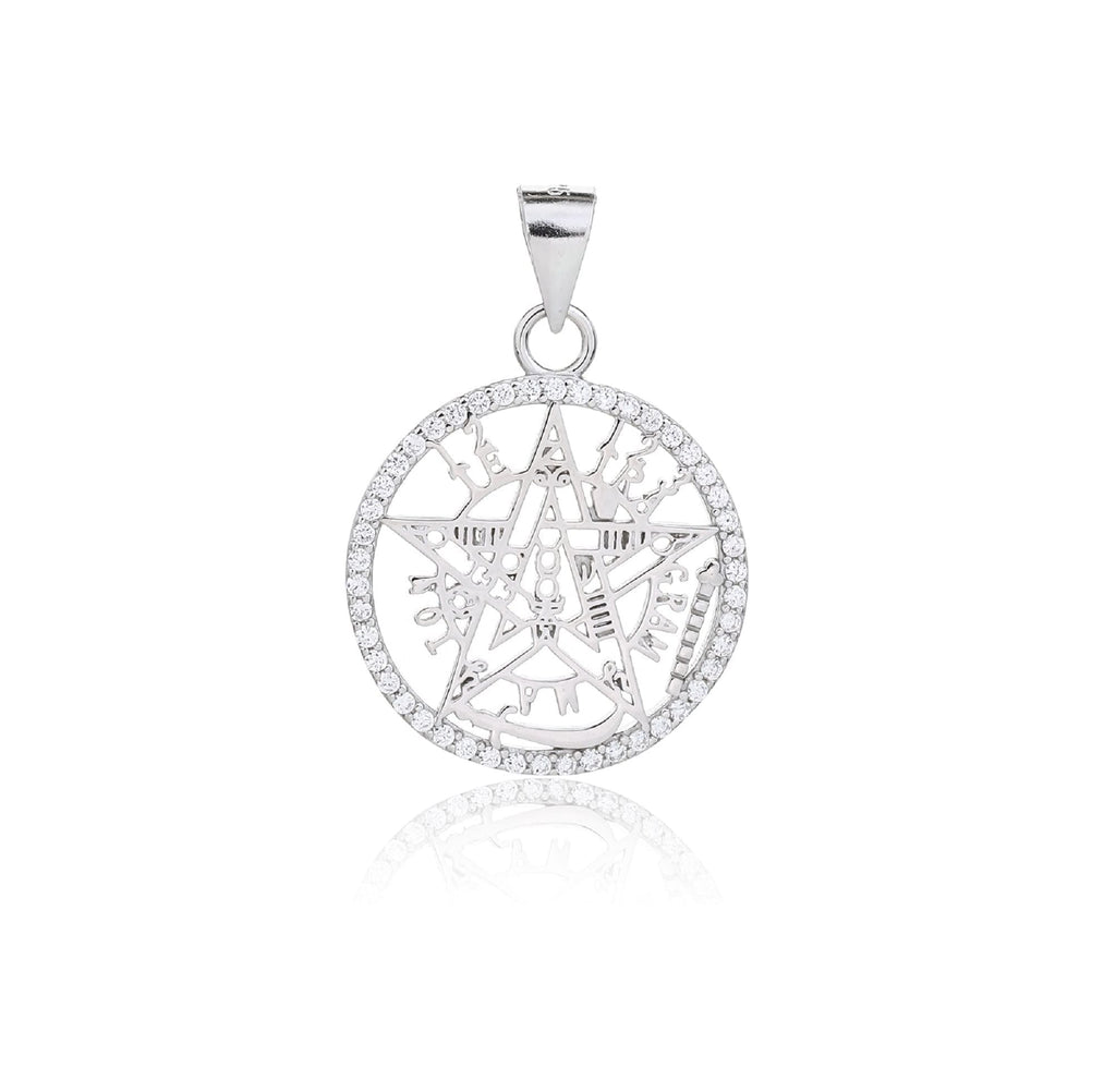 pentagram pendant with sparkling cubic zirconia in hallmarked, rhodium-plated 925 sterling silver – alternate front view – DRESCHER Jewellery®