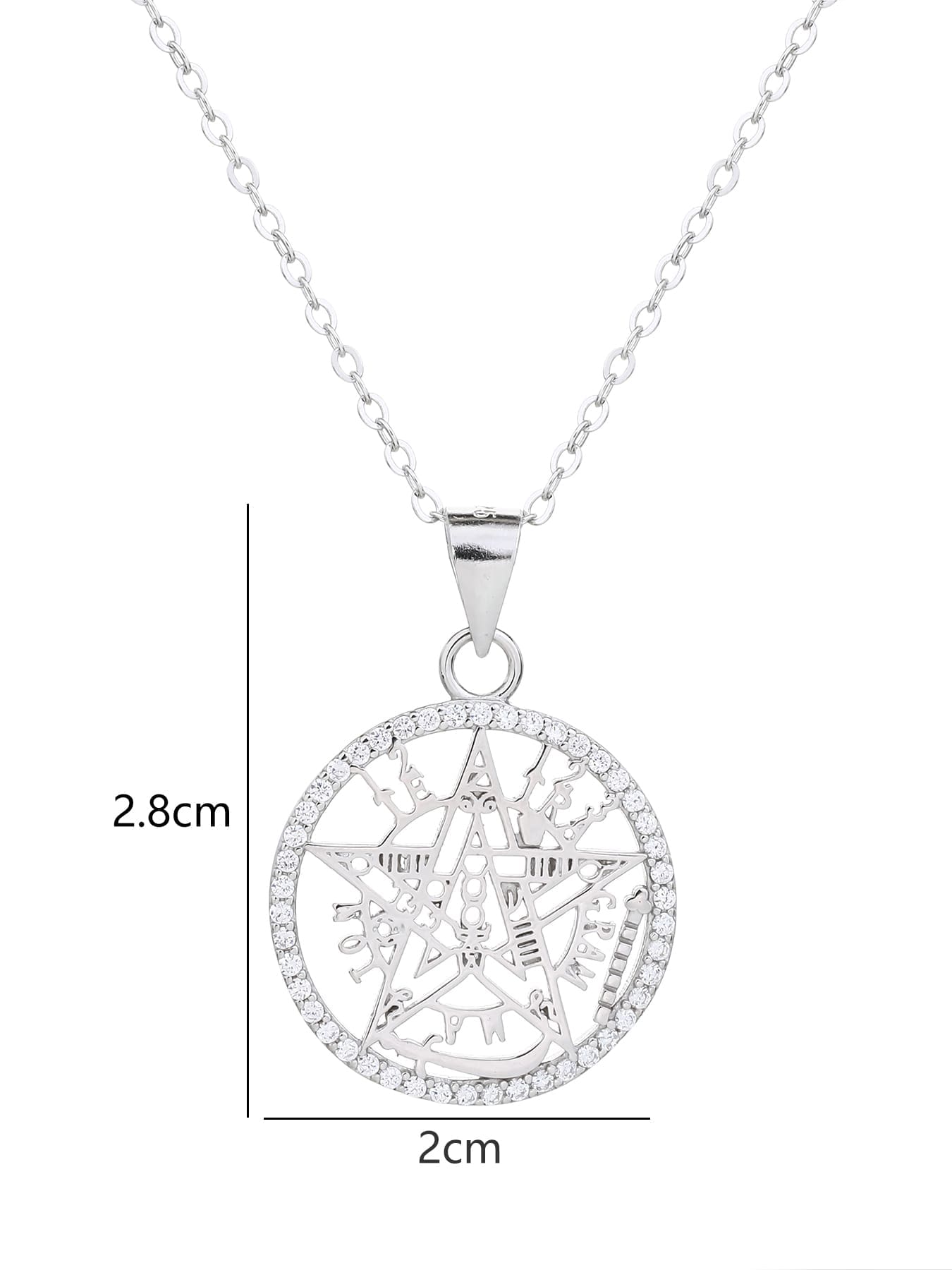 pentagram pendant with sparkling cubic zirconia in hallmarked, rhodium-plated 925 sterling silver – dimensions view – DRESCHER Jewellery®