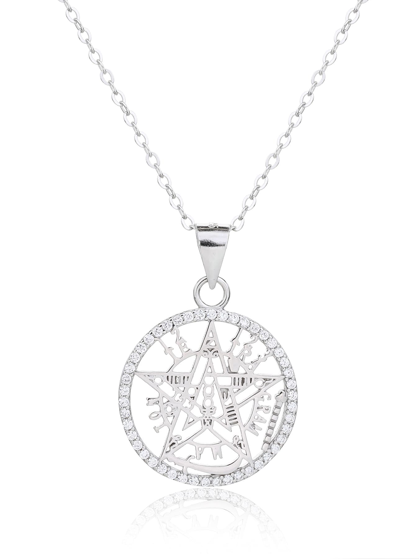 pentagram pendant with sparkling cubic zirconia in hallmarked, rhodium-plated 925 sterling silver – front view on chain – DRESCHER Jewellery®