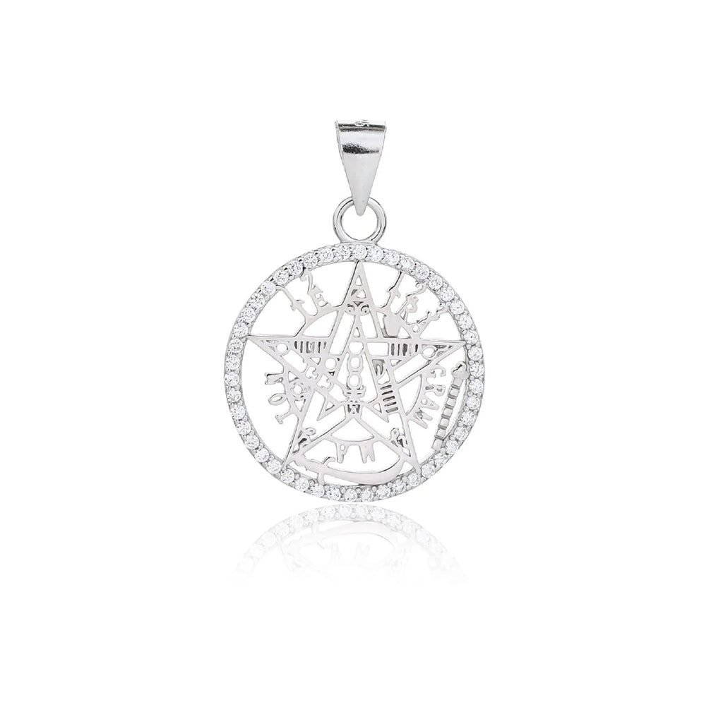 pentagram pendant with sparkling cubic zirconia in hallmarked, rhodium-plated 925 sterling silver – front view – DRESCHER Jewellery®