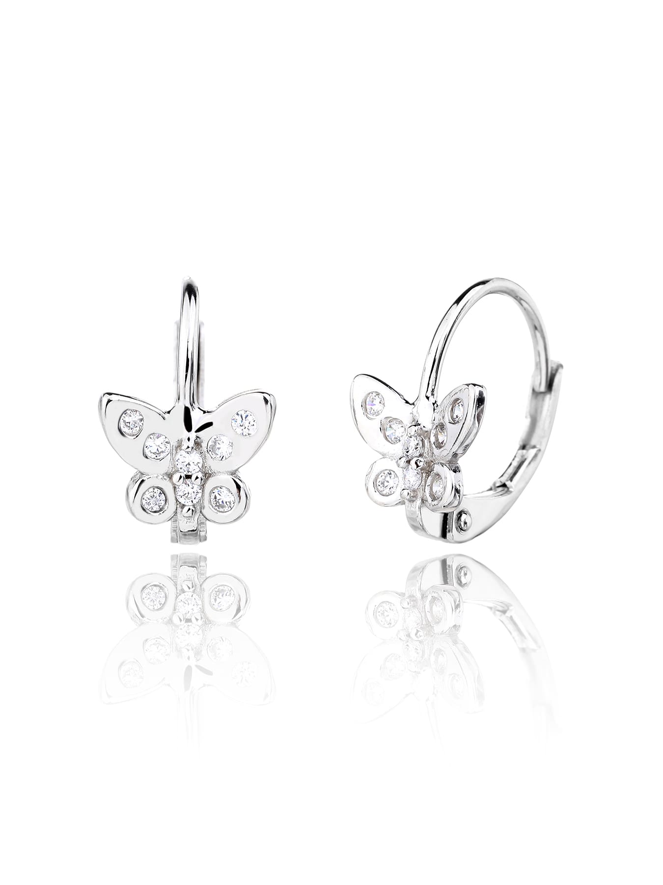 White cubic zirconia butterfly leverback earrings in hallmarked, rhodium-plated 925 sterling silver – front and side views – DRESCHER Jewellery®