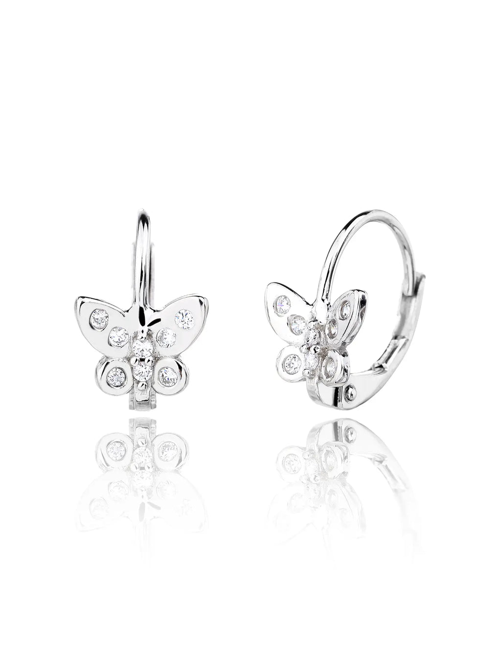 White cubic zirconia butterfly leverback earrings in hallmarked, rhodium-plated 925 sterling silver – front and side views – DRESCHER Jewellery®
