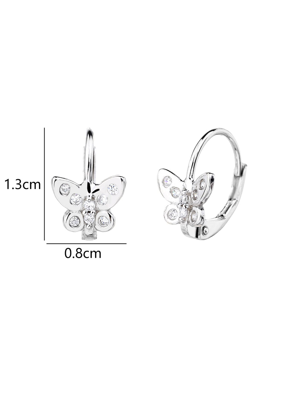 White cubic zirconia butterfly leverback earrings in hallmarked, rhodium-plated 925 sterling silver – 1.3 × 0.8 cm dimensions – DRESCHER Jewellery®