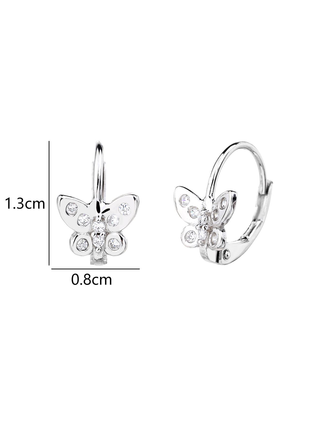 White cubic zirconia butterfly leverback earrings in hallmarked, rhodium-plated 925 sterling silver – 1.3 × 0.8 cm dimensions – DRESCHER Jewellery®