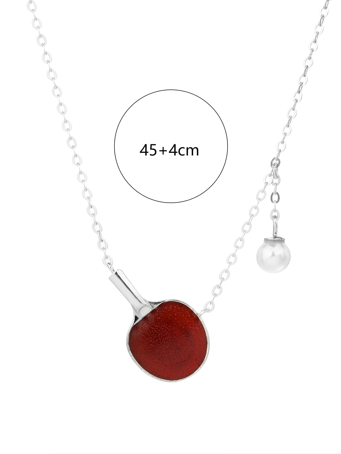 Burgundy enamel table-tennis paddle and pearl ball pendant necklace, crafted with hallmarked, rhodium-plated 925 sterling silver – display view – DRESCHER Jewellery®