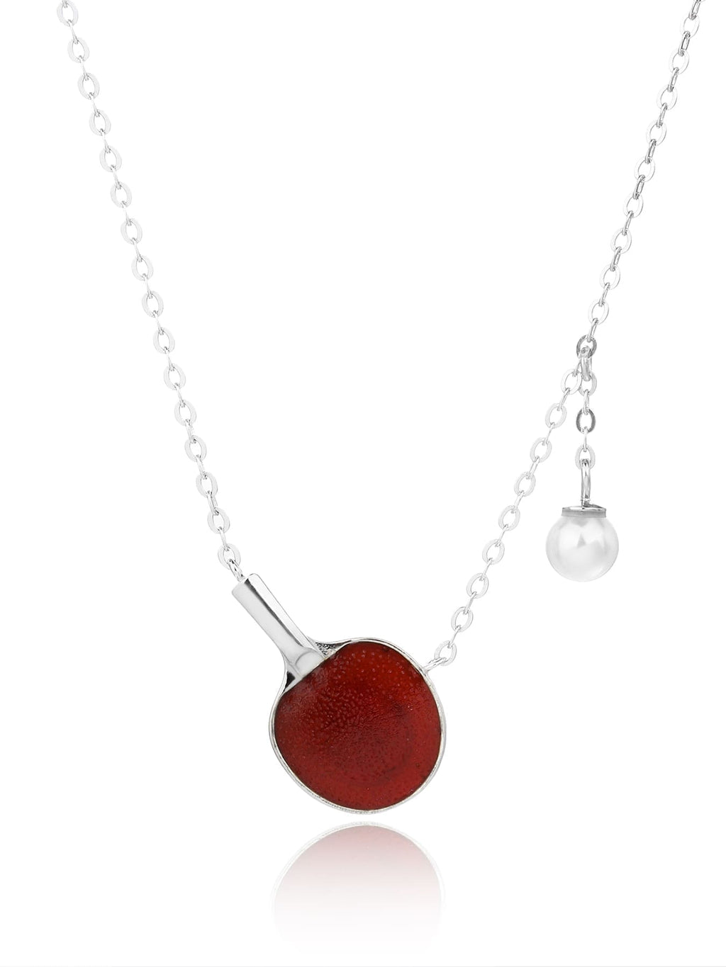 Burgundy enamel table-tennis paddle and pearl ball pendant necklace, crafted with hallmarked, rhodium-plated 925 sterling silver – front view – DRESCHER Jewellery®