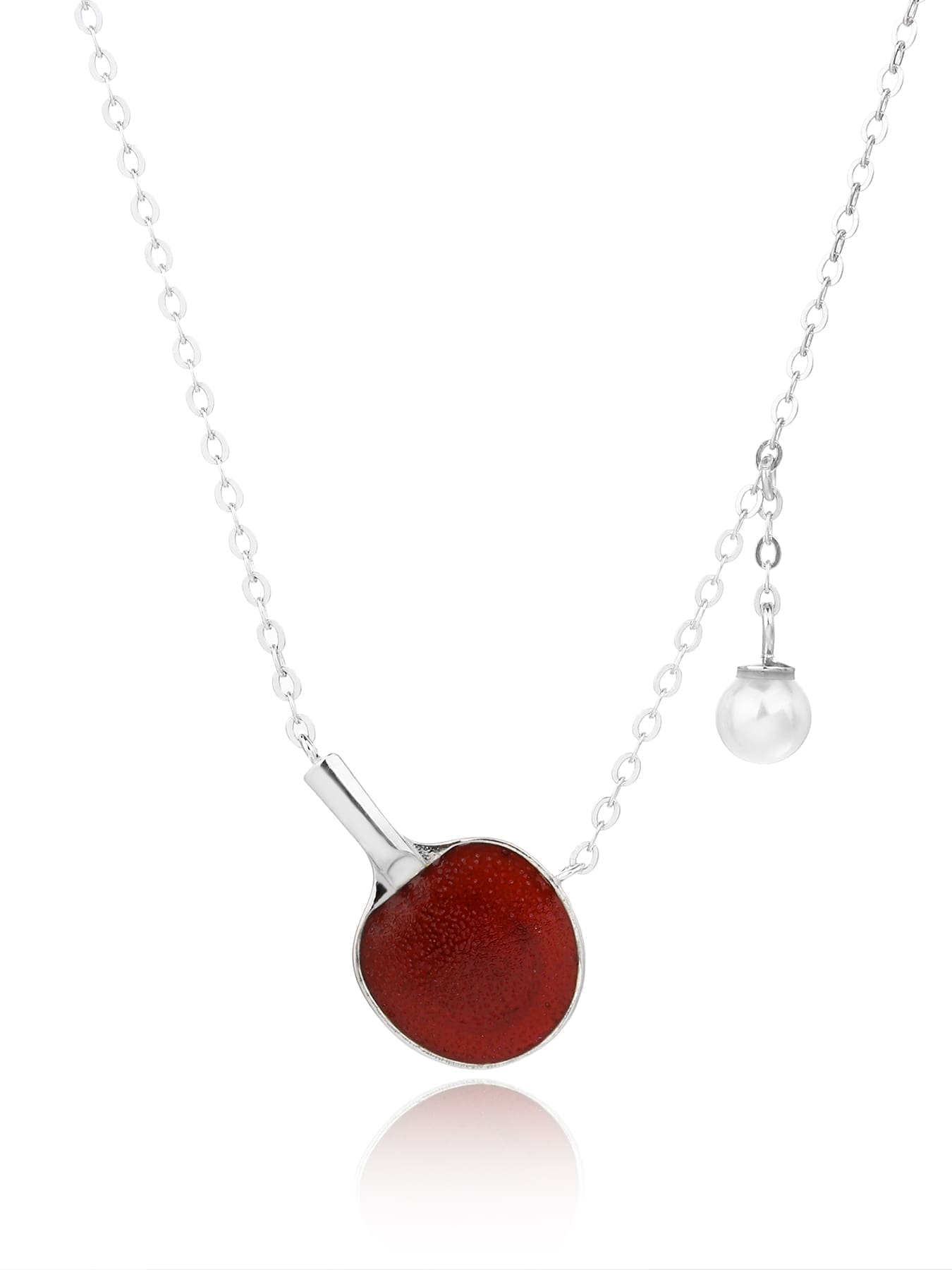 Burgundy enamel table-tennis paddle and pearl ball pendant necklace, crafted with hallmarked, rhodium-plated 925 sterling silver – front view – DRESCHER Jewellery®