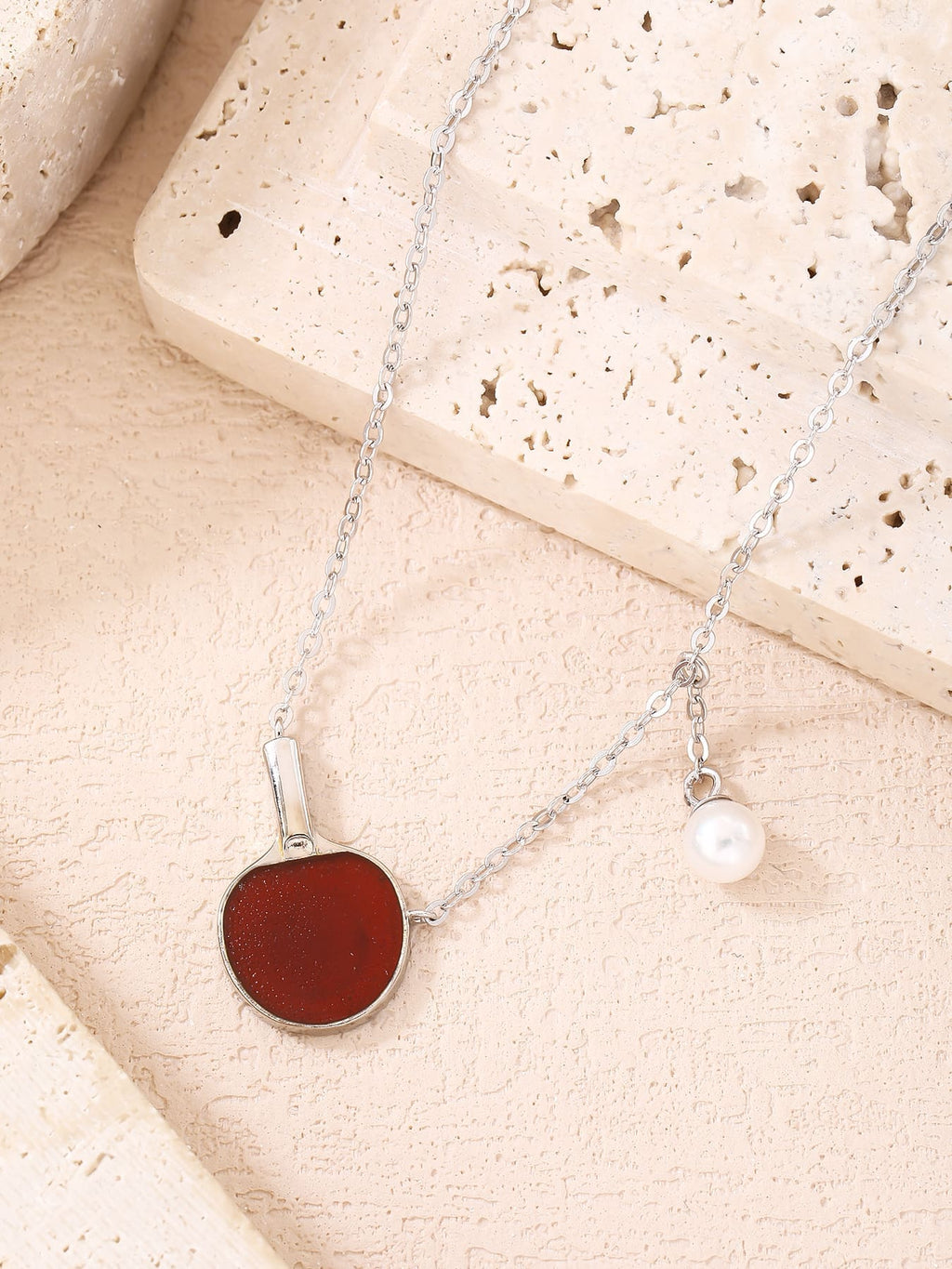 Burgundy enamel table-tennis paddle and pearl ball pendant necklace, crafted with hallmarked, rhodium-plated 925 sterling silver – dimensions view – DRESCHER Jewellery®