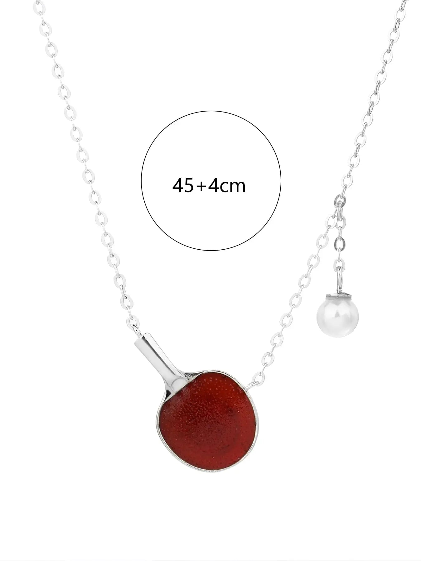 Silver ping pong paddle and ball pendant necklace with burgundy enamel and pearl