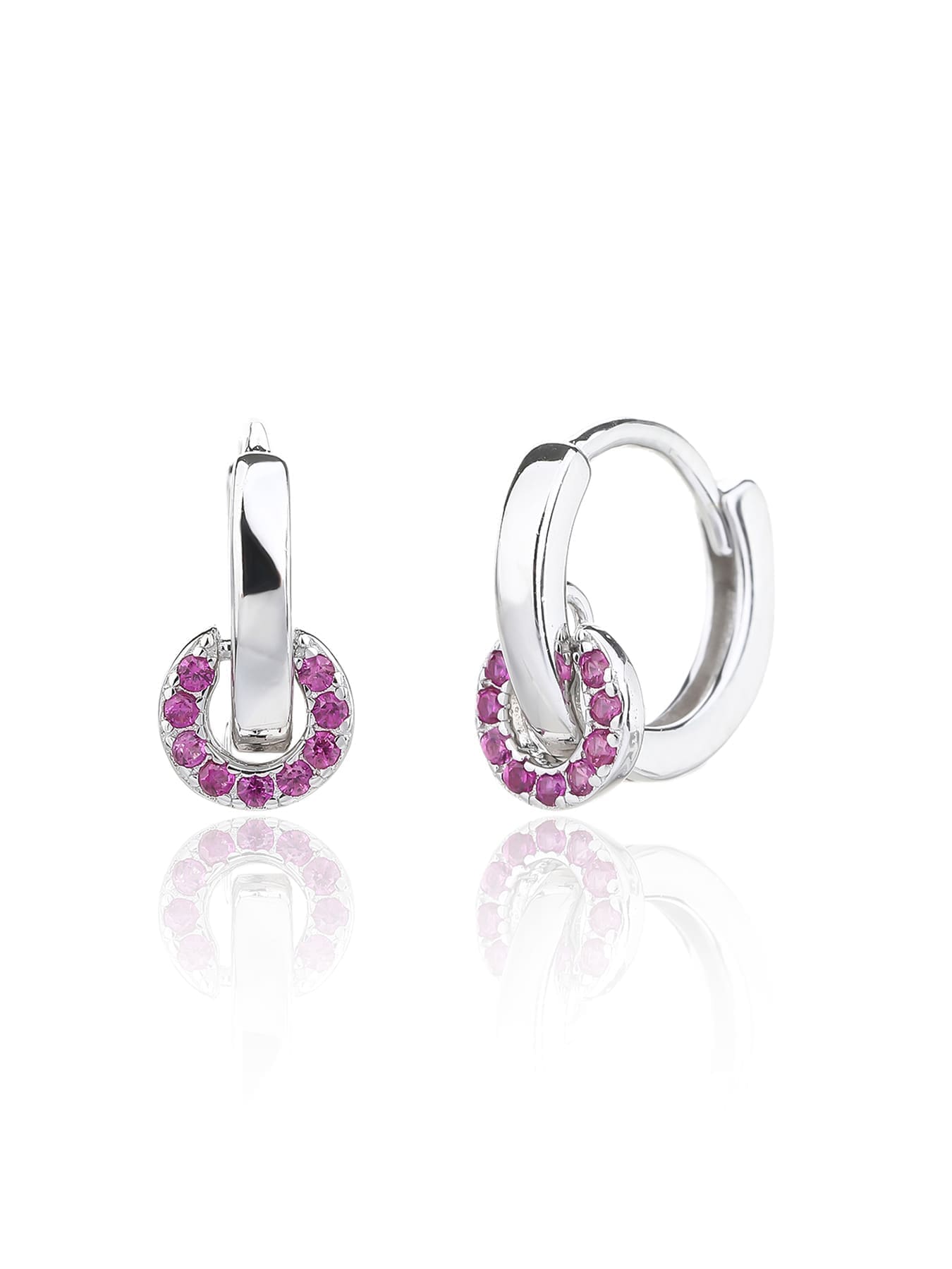 pink cubic zirconia stone hoop earrings in hallmarked, rhodium-plated 925 sterling silver – alternate front and side views – DRESCHER Jewellery®