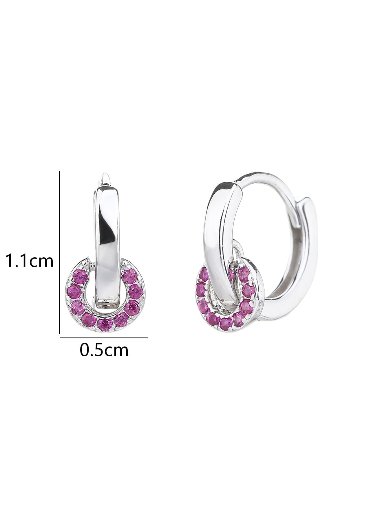 pink cubic zirconia stone hoop earrings in hallmarked, rhodium-plated 925 sterling silver – dimensions view – DRESCHER Jewellery®