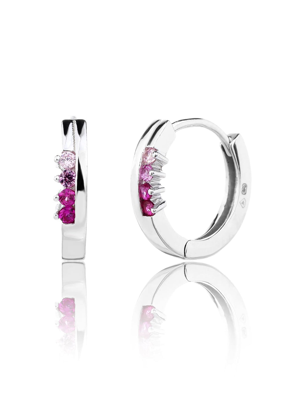 pink - red and pink cubic zirconia stone hoop earrings in hallmarked, rhodium-plated 925 sterling silver – alternate front and side views – DRESCHER Jewellery®