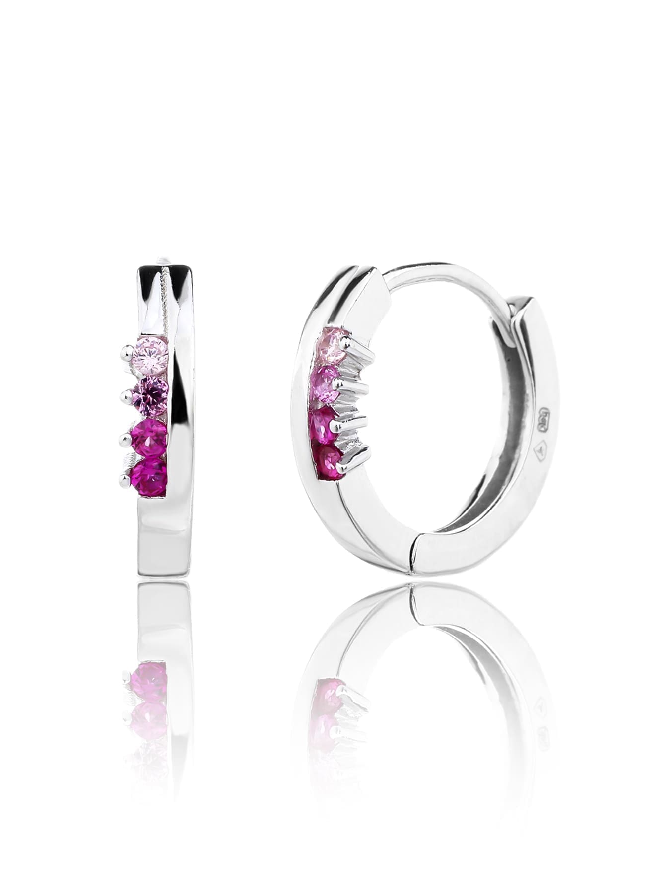 pink - red and pink cubic zirconia stone hoop earrings in hallmarked, rhodium-plated 925 sterling silver – alternate front and side views – DRESCHER Jewellery®