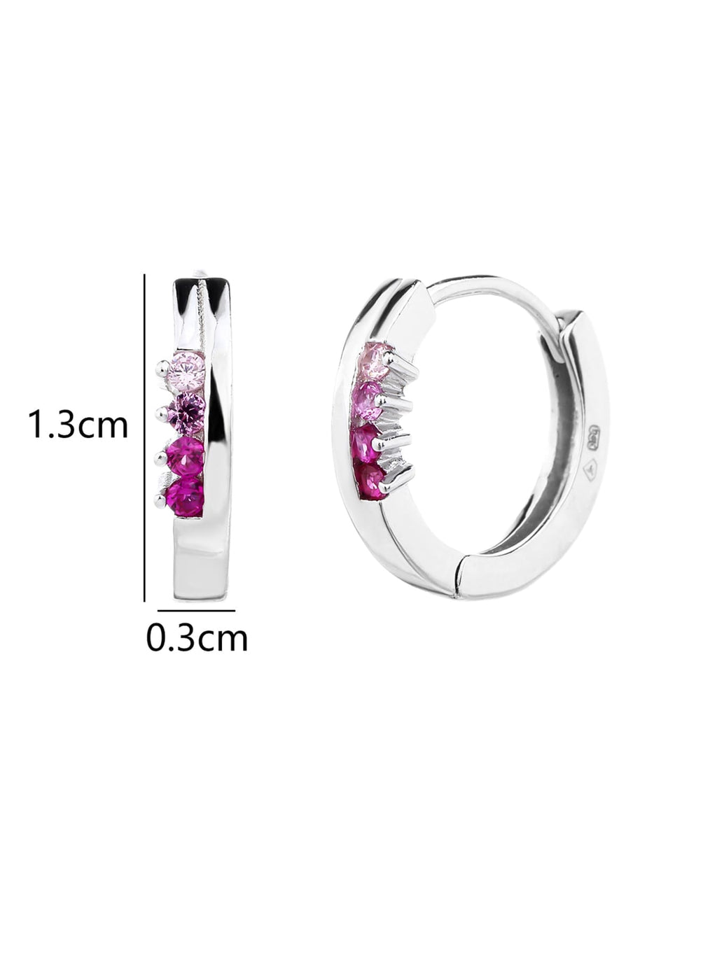 pink - red and pink cubic zirconia stone hoop earrings in hallmarked, rhodium-plated 925 sterling silver – dimensions view – DRESCHER Jewellery®