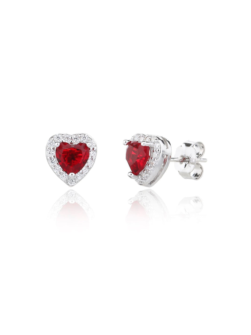 Red heart and white cubic zirconia stud earrings in hallmarked, rhodium-plated 925 sterling silver – front and side views – DRESCHER Jewellery®