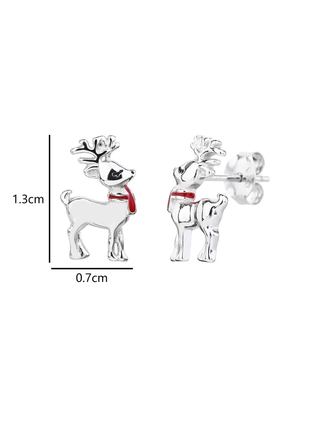 Reindeer stud earrings with red scarf in hallmarked, rhodium-plated 925 sterling silver – 1.3 × 0.7 cm dimensions – DRESCHER Jewellery®