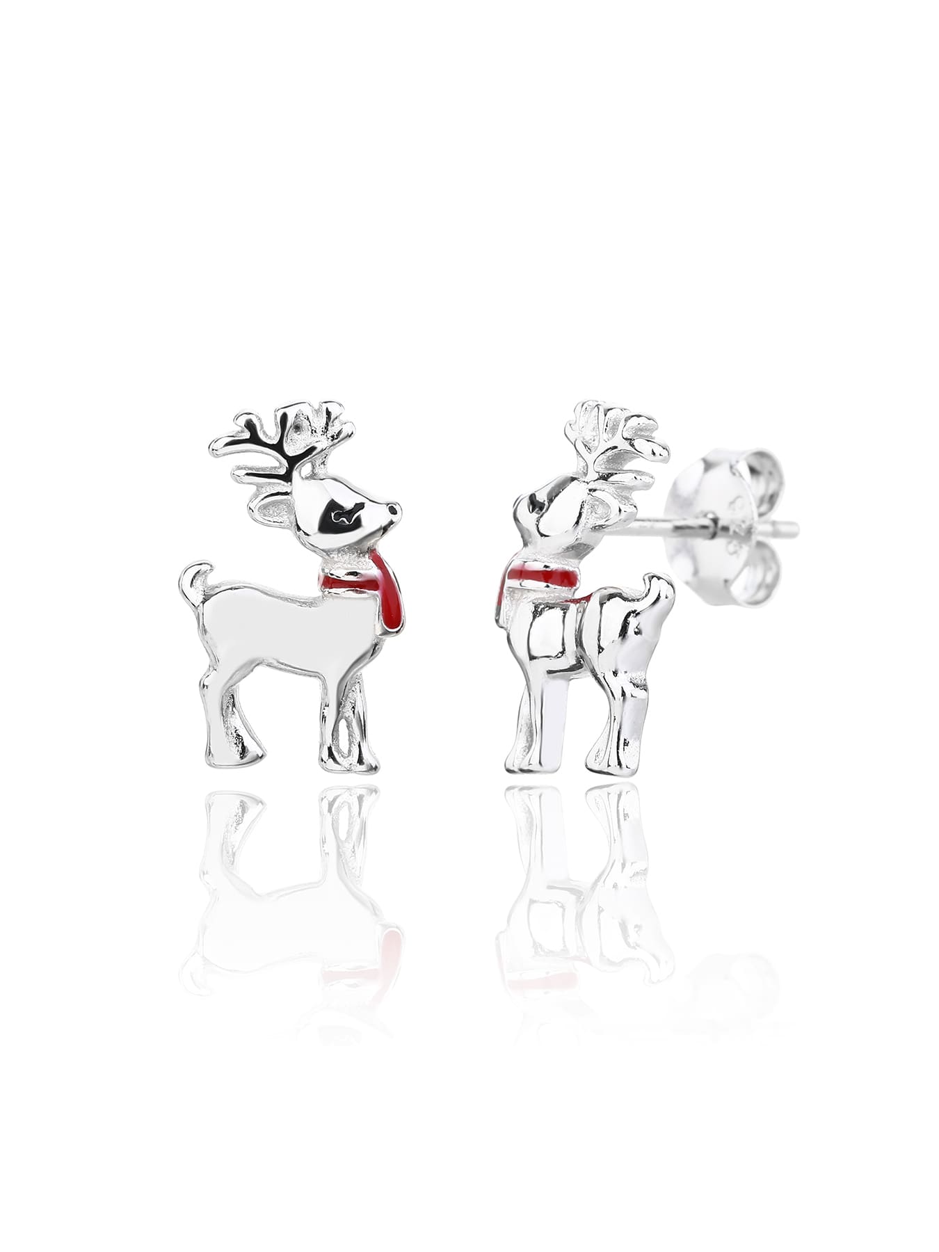 Reindeer stud earrings with red scarf in hallmarked, rhodium-plated 925 sterling silver – front and side views – DRESCHER Jewellery®